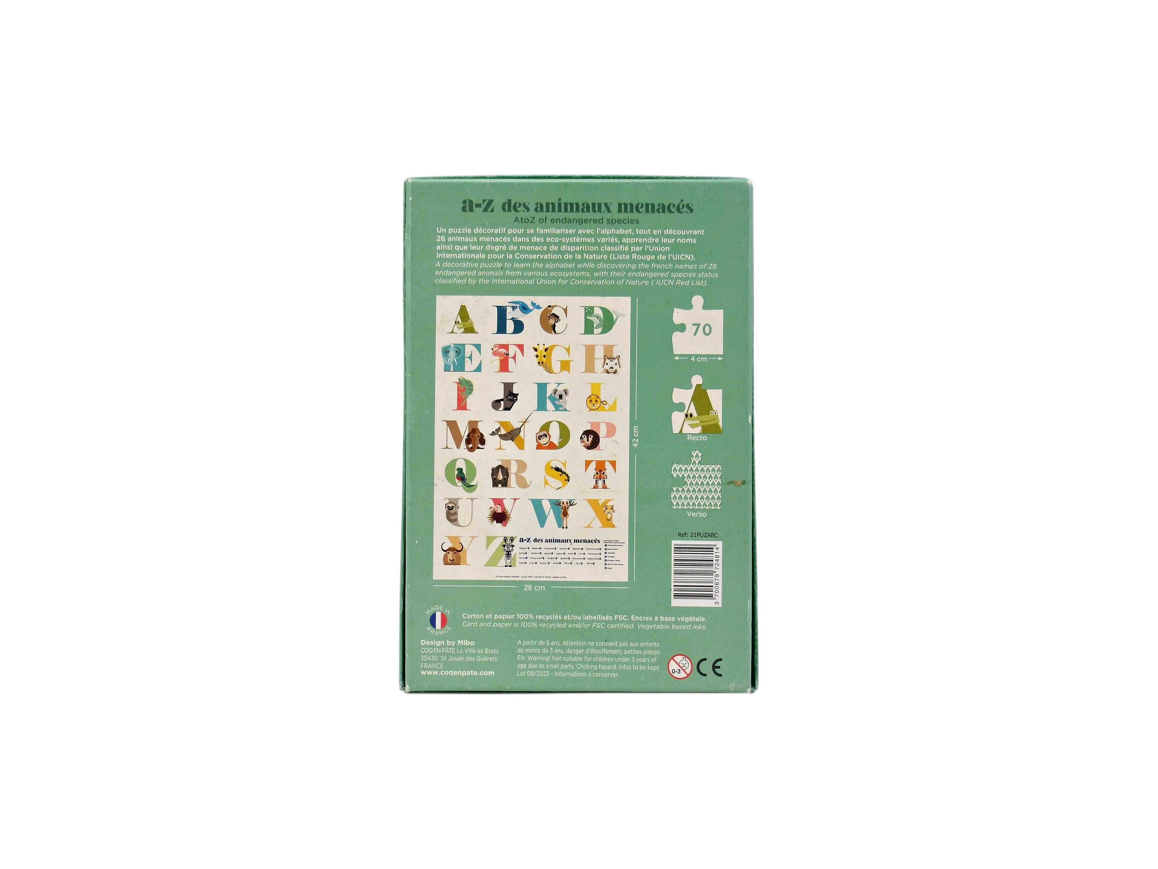 Puzzle A-Z - Abécédaire - Animaux menacés - 70 pièces- Édition 2022