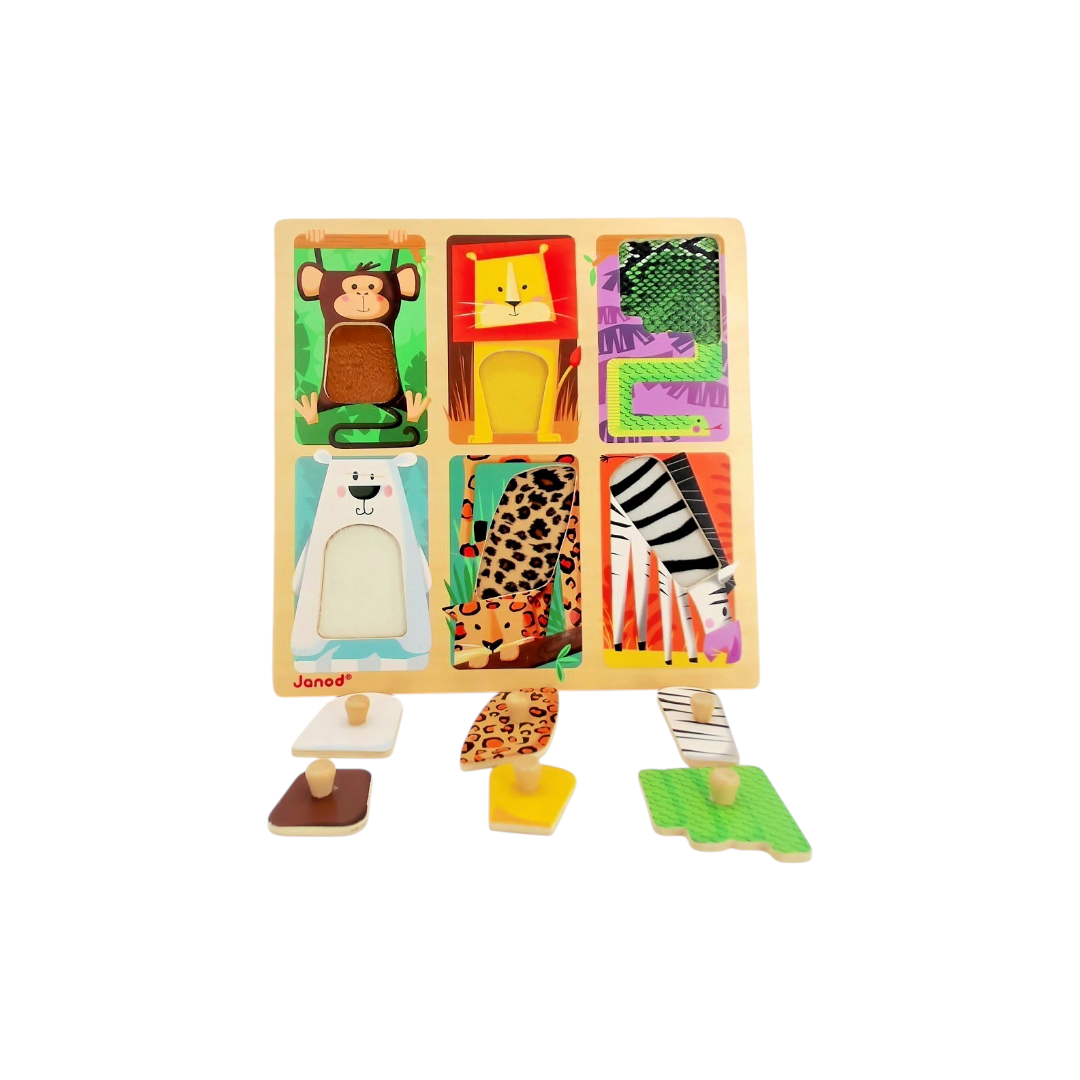 Puzzle tactile en bois en bois - Les animaux du zoo