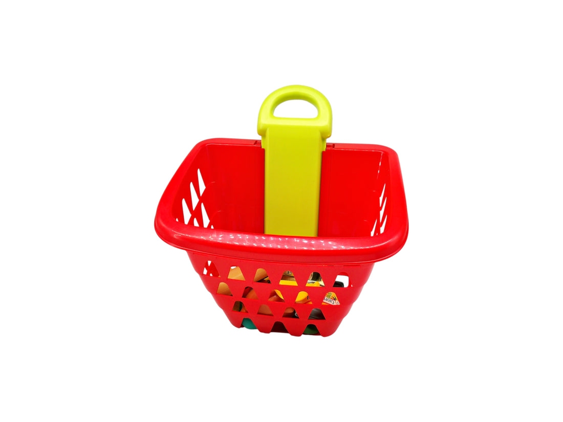 Panier rouge de supermarché et ses 12 accessoires de cuisine