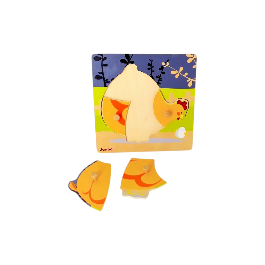 Puzzle boutons en bois - La poule - 4 pièces