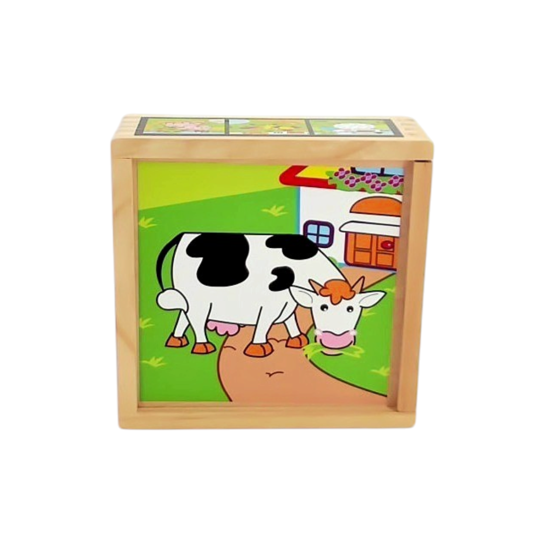 Puzzle cubes en bois - La vache à la ferme