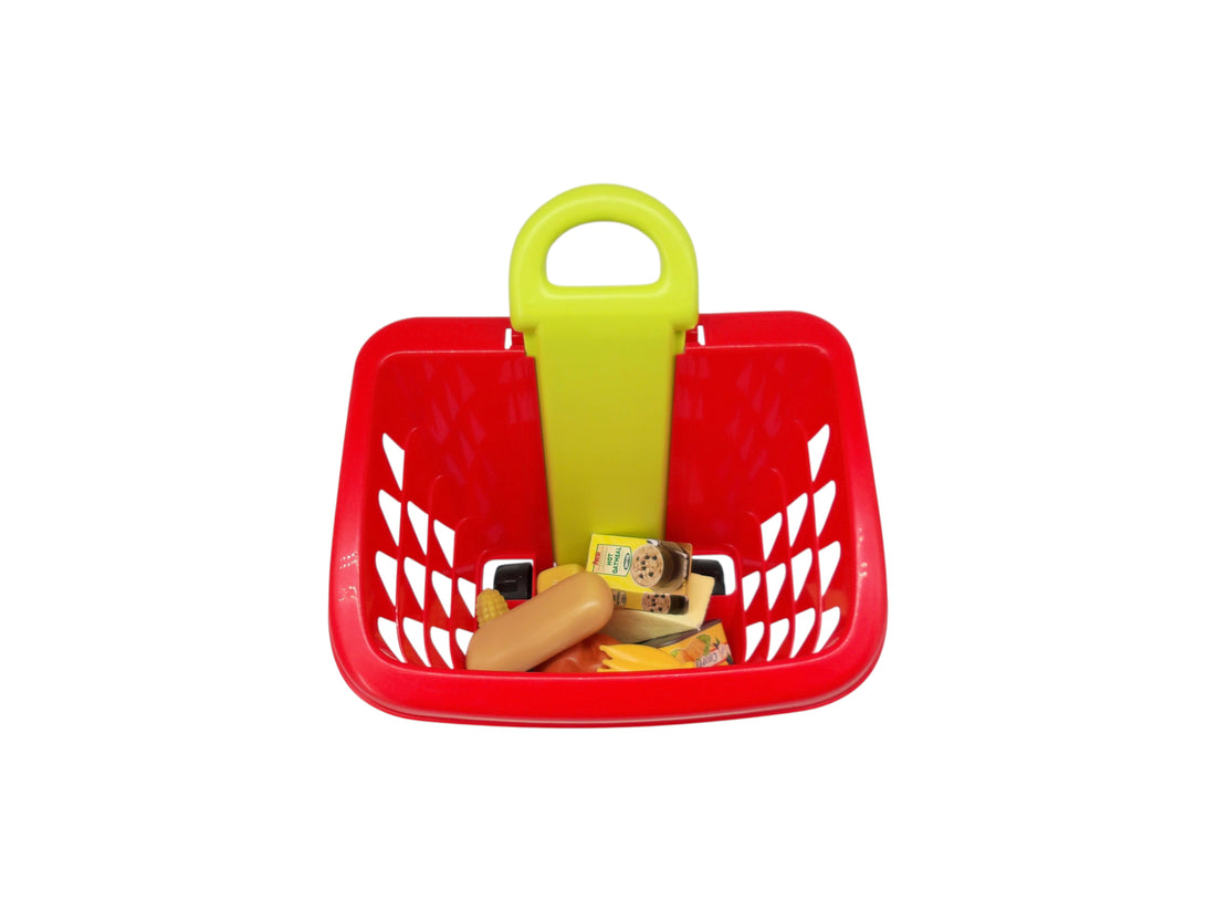 Panier rouge de supermarché et ses 12 accessoires de cuisine