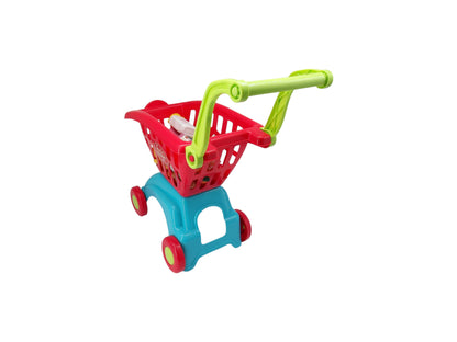 Chariot rouge garni avec 20 articles de courses