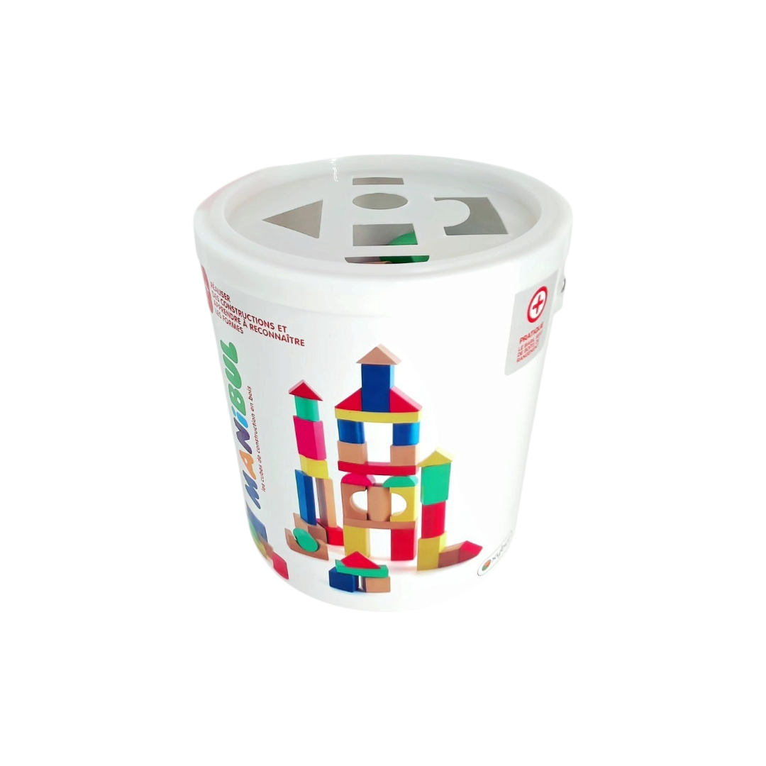 Manibul - Baril de cubes de construction en bois - x100 pièces