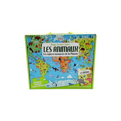 Coffret Puzzle et Livre - Voyage, découvre, explore : Les espèces menacées