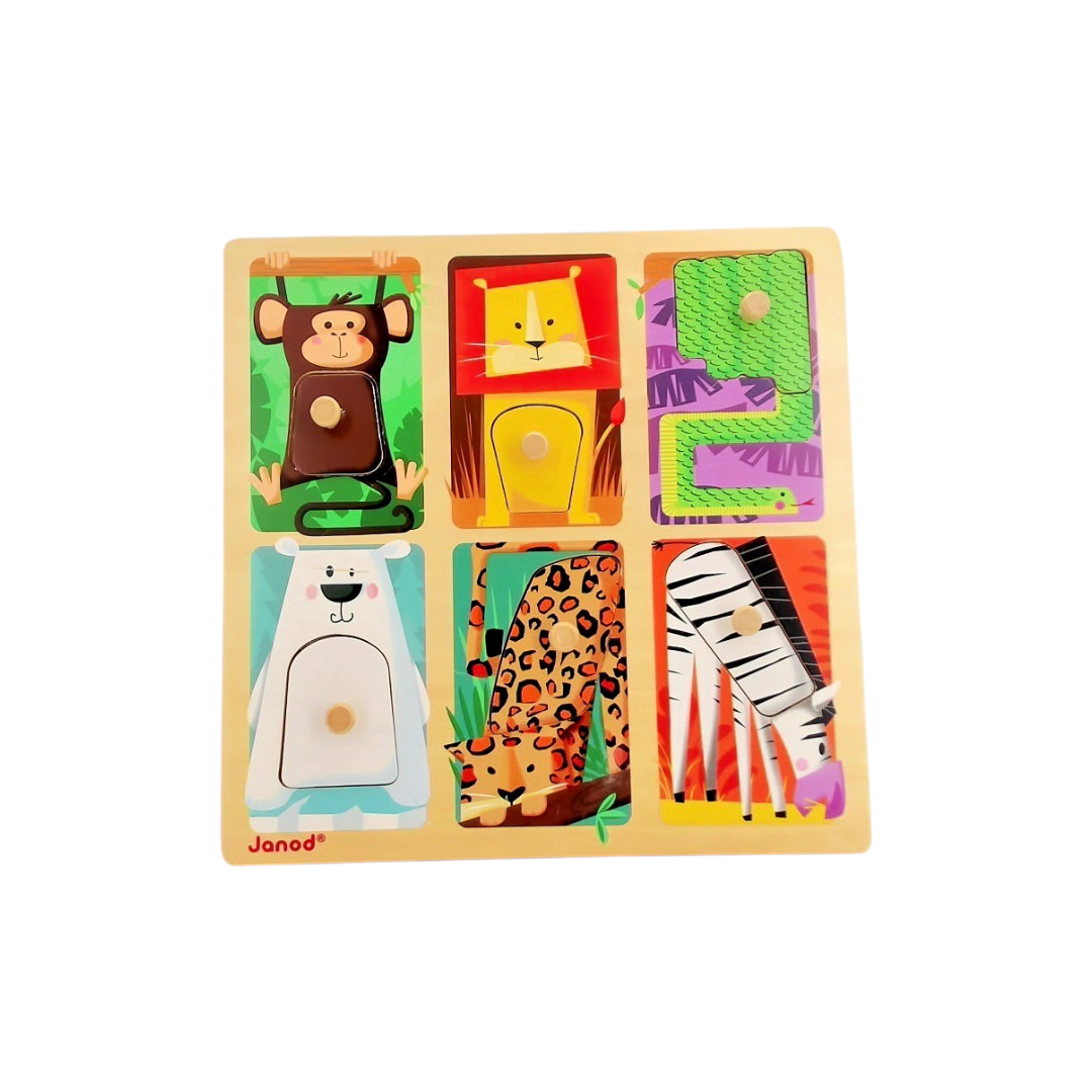 Puzzle tactile en bois en bois - Les animaux du zoo